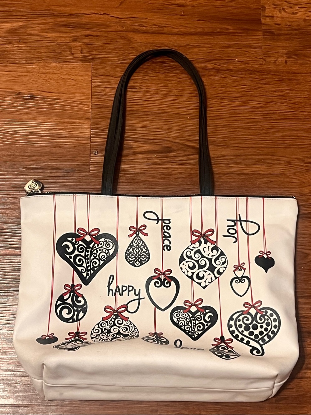 Brighton White and Black Heart & Ornament Motifs and Red Ribbon Accents tote bag - Picture 15 of 16